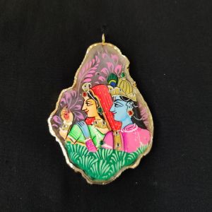 Onyx Pendant features a RadhaKrishna painting on Onyx Stones detailed with Gold foil borders
