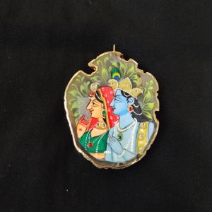Onyx Pendant features a RadhaKrishna painting on Onyx Stones detailed with Gold foil borders