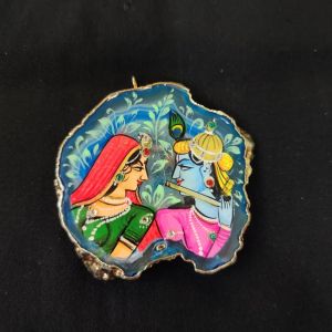 Onyx Pendant features a RadhaKrishna painting on Onyx Stones detailed with Gold foil borders