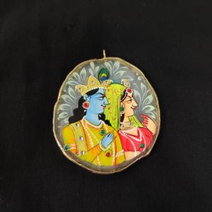 Onyx Pendant features a RadhaKrishna painting on Onyx Stones detailed with Gold foil borders