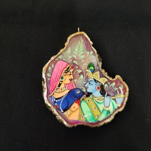 Onyx Pendant features a RadhaKrishna painting on Onyx Stones detailed with Gold foil borders