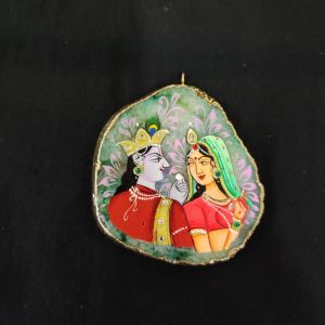 Onyx Pendant features a RadhaKrishna painting on Onyx Stones detailed with Gold foil borders
