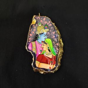Onyx Pendant features a RadhaKrishna painting on Onyx Stones detailed with Gold foil borders