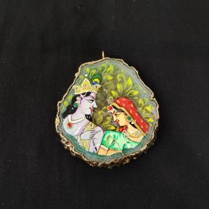 Onyx Pendant features a RadhaKrishna painting on Onyx Stones detailed with Gold foil borders