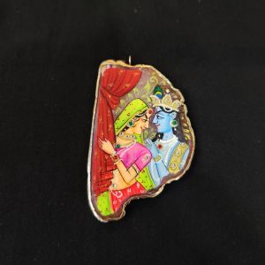 Onyx Pendant features a RadhaKrishna painting on Onyx Stones detailed with Gold foil borders