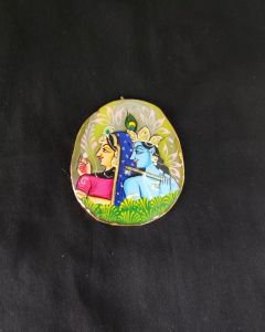 Onyx Pendant features a RadhaKrishna painting on Onyx Stones detailed with Gold foil borders