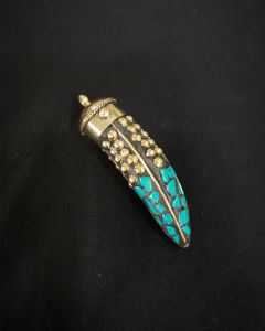 Tibetan Horn Shaped Pendant, Sea Green With Gold Designs