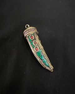 Tibetan Horn Shaped Pendant, Green With Gold Designs