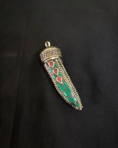 Tibetan Horn Shaped Pendant, Green With Gold Designs