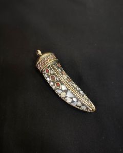 Tibetan Horn Shaped Pendant, Grey With Gold Designs