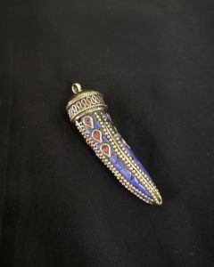 Tibetan Horn Shaped Pendant, Blue With Gold Designs