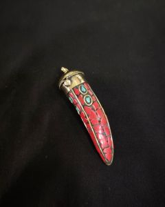 Tibetan Horn Shaped Pendant, Red With Gold Designs