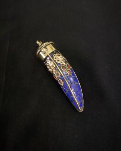 Tibetan Horn Shaped Pendant, Blue With Black Designs