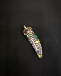 Tibetan Horn Shaped Pendant, MultiColour With Gold Designs