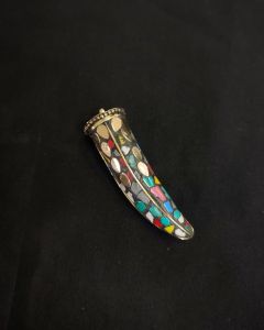 Tibetan Horn Shaped Pendant, MultiColour With Gold Designs
