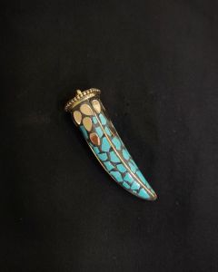 Tibetan Horn Shaped Pendant, Sea Green With Gold Designs