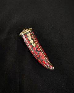 Tibetan Horn Shaped Pendant, Red With Gold Designs