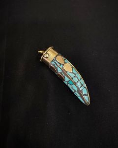 Tibetan Horn Shaped Pendant, Sea Green With Gold Designs