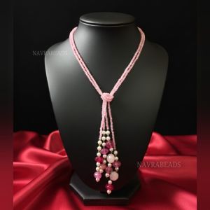  Boho Knot Necklace – Adjustable 2-Line Long Beaded Statement Necklace | Multi-Gem Beads | Wear as Knot Style / Layered Style