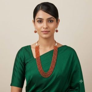 5 Layer ORANGE Agate Necklace Matching Hook Earrings, 20 Inch Elegant Ethnic Jewellery Set for Weddings, Parties & Festive Wear