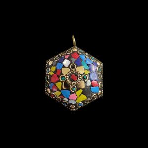 Tibetan Hexagon Shaped Pendant, Multicolor With Gold Designs