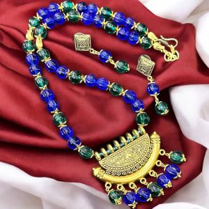 Pumpkin glass beads necklace with oxidised gold pendant  Necklace With Earrings