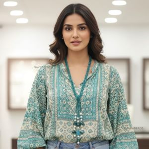  Boho Knot Necklace – Adjustable 2-Line Long Beaded Statement Necklace | Multi-Gem Beads | Wear as Knot Style / Layered Style