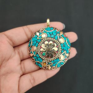 Tibetan Round Shaped Pendant, Turquoise Blue Colour