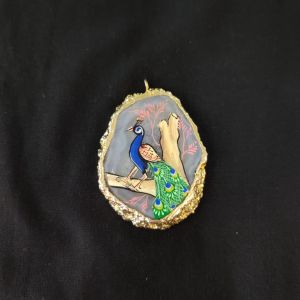 Onyx Pendant features a Peacock painting on Onyx Stones detailed with Gold foil borders