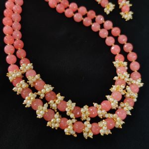 Peach Agate Necklace With Pearl Loreals In 2 Layer