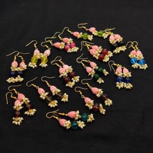 Coral Tulips Earrings With Pumpkin Beads, Assorted, Pack Of 13 Pairs