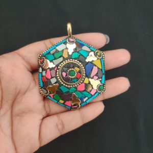 Tibetan Hexagon Shaped Pendant, Multi Colour