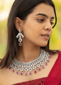 NAVRABEADS Bollywood Style American Diamond Set – Pink & White Stones with Earrings