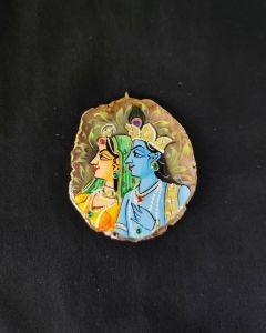 Onyx Pendant features a RadhaKrishna painting on Onyx Stones detailed with Gold foil borders