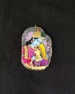 Onyx Pendant features a RadhaKrishna painting on Onyx Stones detailed with Gold foil borders
