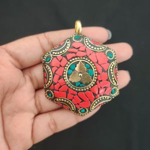 Tibetan Hexagon Shaped Pendant, Red Colour