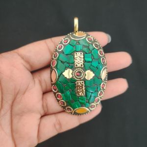 Tibetan Oval Shaped Pendant, Green Colour