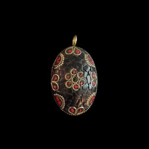 Tibetan Oval Shaped Pendant, Black With Gold Designs
