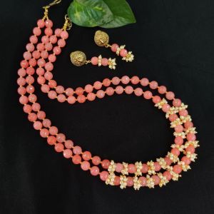 Peach Agate Necklace With Pearl Loreals In 2 Layer