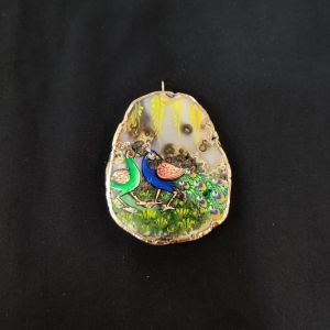 Onyx Pendant features a Peacock painting on Onyx Stones detailed with Gold foil borders