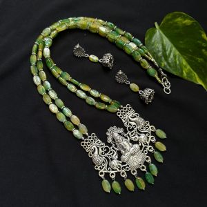 2 Layer Flat Oval Glass Beads With Silver Spacer Necklace With Lakshmi Pendant, Light Green And Yellow 