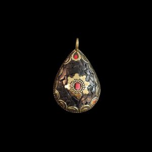 Tibetan Teardrop Shaped Pendant, Black With Gold Designs