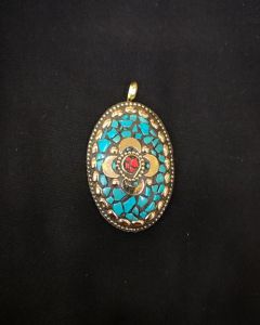 Tibetan Oval Shaped Flower Pendant ,Multi Color