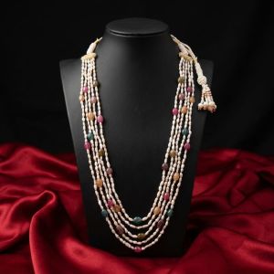 5 layer Fresh water Pearl Necklace (20”) with Multicolor stones with adjustable rope 