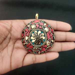 Tibetan Round Shaped Pendant, Red Colour