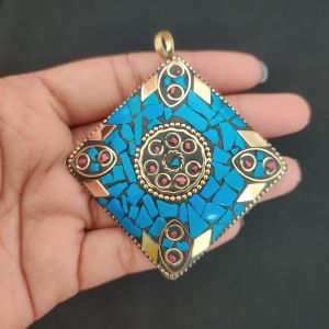 Tibetan Diamond Shaped Pendant, Turquoise Blue Colour