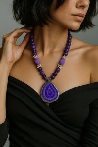 Natural Agate Slice Pendant With Agate Beads lavander