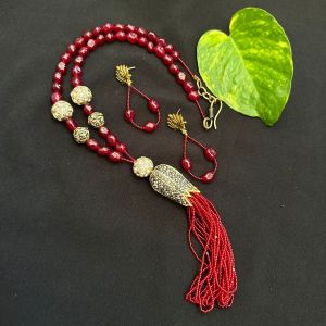 Quartz beads with Jade balls and designer pendant with seed beads