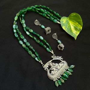 Double Layer Flat Oval Glass Beads Necklace With Radha Krishna Pendant, Green