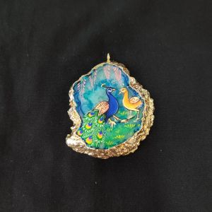 Onyx Pendant features a Peacock painting on Onyx Stones detailed with Gold foil borders